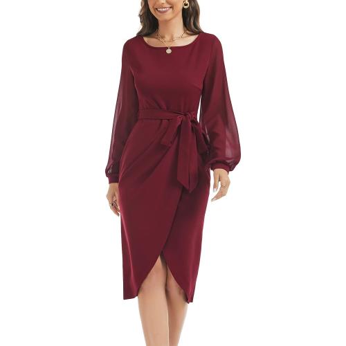 Size M HELYO Women's Elegant V-Back Chiffon Long Sleeve Sheath Dresses Belted Ruched Casual Work Cocktail Party Midi Dress