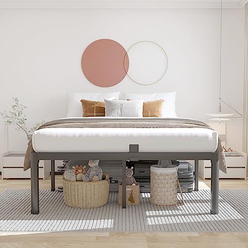 14 inch Full Size Bed Frame with Headboard Hole and Round Corner Legs Mattress Retainers 3500LBS Heavy Duty Steel Slats No Box Spring Needed Platform Noise-Free Underneath Storage