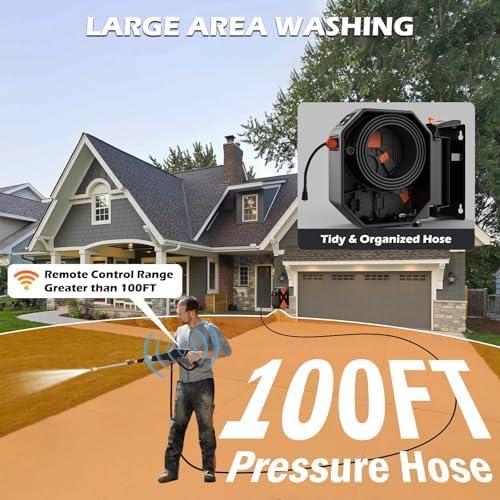 GFCI Wall Mounted Pressure Washer with 100FT Retractable Hose, 5-Stage Adjustable Pressure, Foam Cannon & 5 Nozzles for Car, Lane, Patio Cleaning