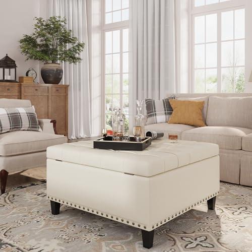 Tufted Square Ottoman Coffee Table with Storage, Leather Upholstered Cube Ottoman, Oversized Footrest Stool Toy Box Storage for Livingroom Bedroom, Ivory White