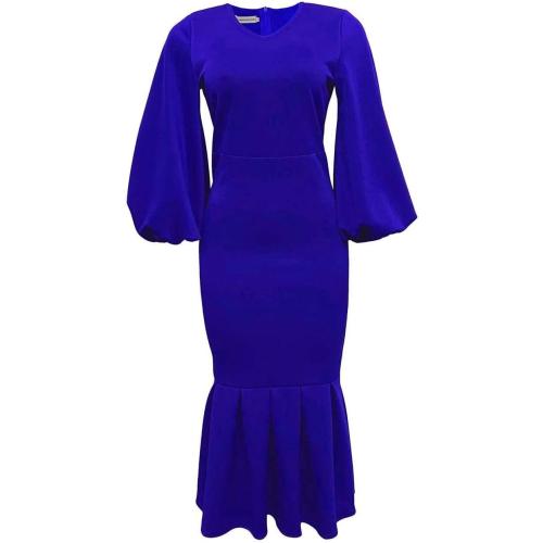 Women's 3XL Sexy V Neck Mermaid Fishtail Dress Elegant Lantern Long Sleeve Solid Color High Waist Bodycon Maxi Dress