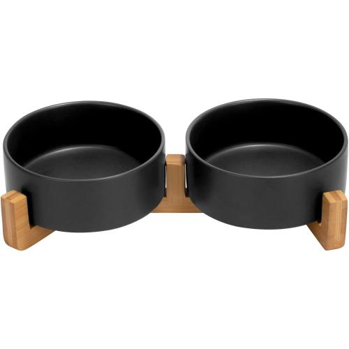 1.7 Black and Wooden SPUNKYJUNKY Ceramic Dog and Cat Bowl Set with Wooden Stand, Modern Cute Weighted Food Water Set for Small Size Dogs (13.5OZ) & Medium Sized Dogs (28.7OZ) & Cats (1.7 Cups, 2 × Black