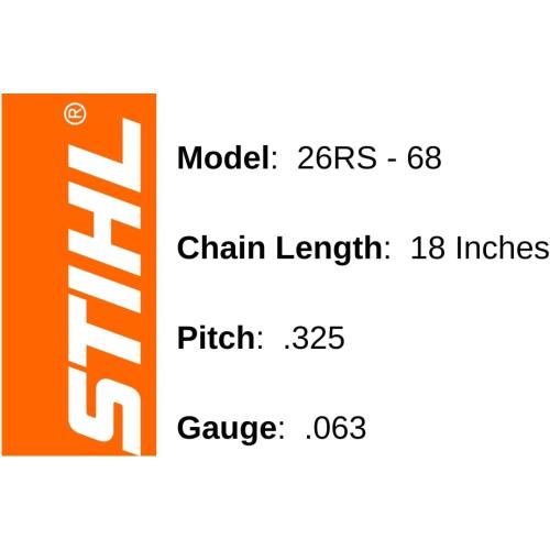 Stihl Chainsaw Chain- 26RS68- 18 Inch, 68 Drive Links, .325 Pitch, .063 Gauge