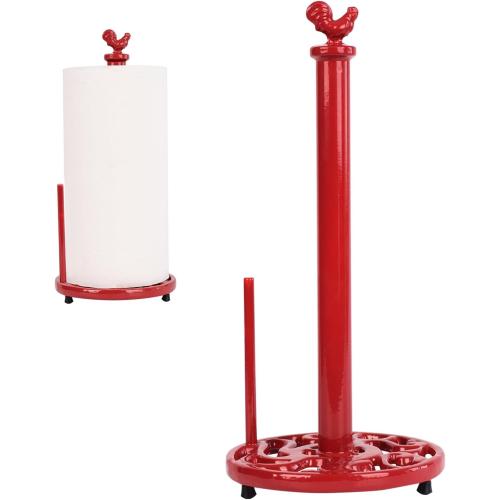 Vintage Rooster Paper Towel Holder - Easy One Handed Tear Cast Iron Roll Paper Towel Dispenser Countertop, Red