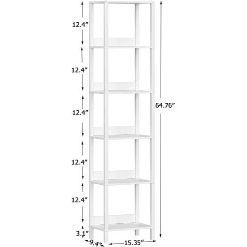VIMBER 6 Tier Bookshelf with Anti-Fall Baffle, Tall 64.79 Bookcase with DIY Shelves, Industrial Book Shelf Storage Organizer, Display Free Standing Shelf Unit for Bedroom, Living Room, Office, White