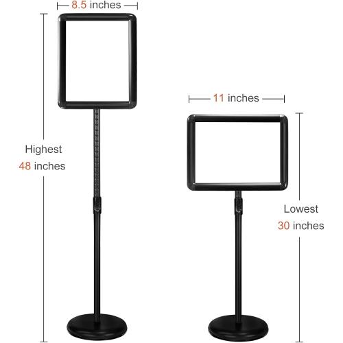 Black 8.5x11 Heavy Duty Floor Sign Stand Adjustable Pedestal Sign Holder Stand, Poster Stand Aluminum Snap Open Frame for 8.5X11 Inches with Heavy Round Base, Both Vertical and Horizontal Sign Displayed