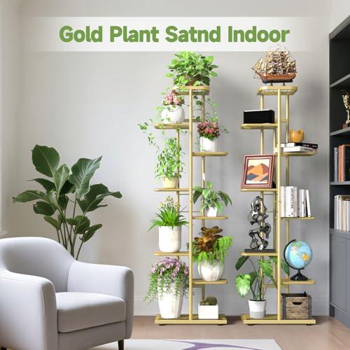 8 Tier 9 Potted Gold Plant Stand Indoor with Gardening Tools and Gloves, Tall Metal Corner Plant Shelf Organizer Outdoor, Multiple Flower Pot Holder Display Rack for Patio, Garden, Balcony