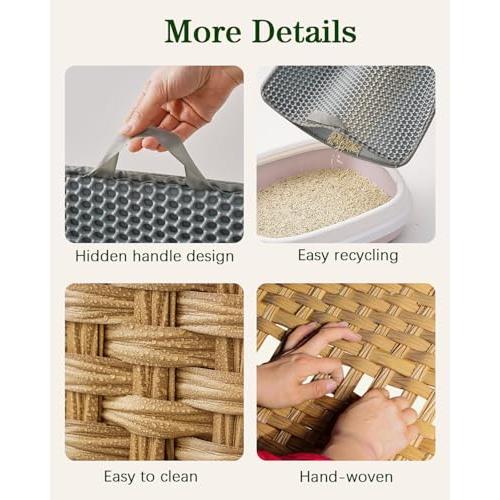 SETVSON Cat Litter Box Enclosure Furniture, Hidden PE Rattan, Natural | PE Rattan Kitty House with Top Fence, Fits Standard Litter Box, Included Litter Mat, 2 S-Hooks, Sturdy Metal Frame