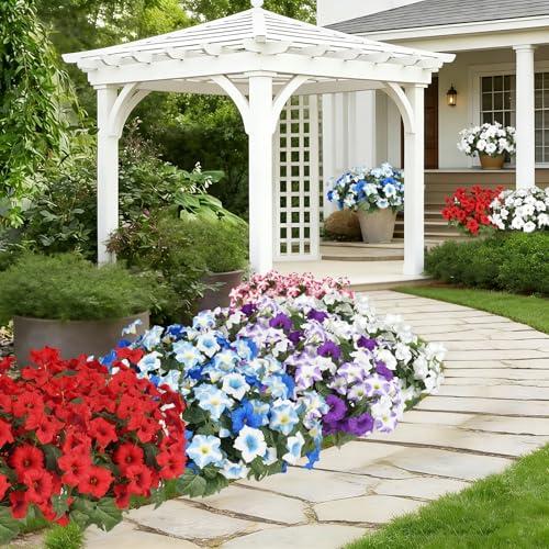 Artificial Flowers for Outdoors, Faux Petunias Spring Summer Decoration, Fake Flowers Plants UV Resistant Look Real Silk Flowers for Outside Planter Front Door Porch Patio Yard (12, White)