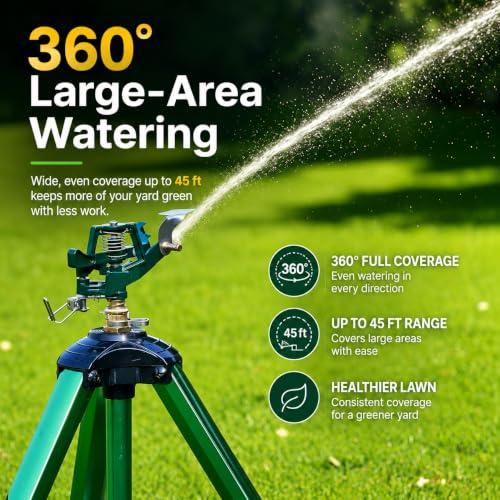 Sprinklers for Yard, 2026 Heavy-Duty Lawn Sprinkler Impact Sprinkler on Spike Tripod Base with 360° Large Area Irrigation with Extension Legs to Adjust Height Irrigation System for Garden Lawn-Green