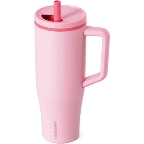 KISSKIND 40 oz Tumbler with Handle and Straw | 100% Leakproof Insulated Tumbler with Lid and Straw | Stainless Steel Water Bottle | Cup Holder Friendly Base | Pink