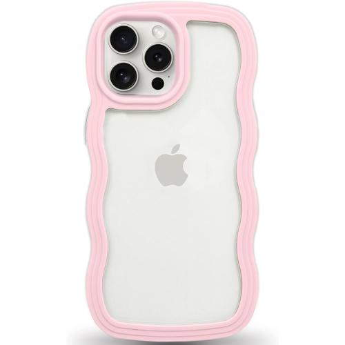 Pink Anuck for iPhone 15 Pro Case Wavy Edge Clear Back Design, Anti-Slip Grip Cute Wave Curly Frame Shape Shockproof Soft TPU & Hard Bumper Protective Phone Case Cover for Women Girls, Pink