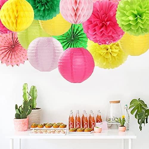 Hawaiian-Summer Beach Pool Party-Decorations Streamers - 14pcs Tropical Jungle Aloha Birthday Supplies Paper Lanterns Fan,Tissue Pom Poms,Baby Shower Honeycomb Ball Decor Lasting Surprise