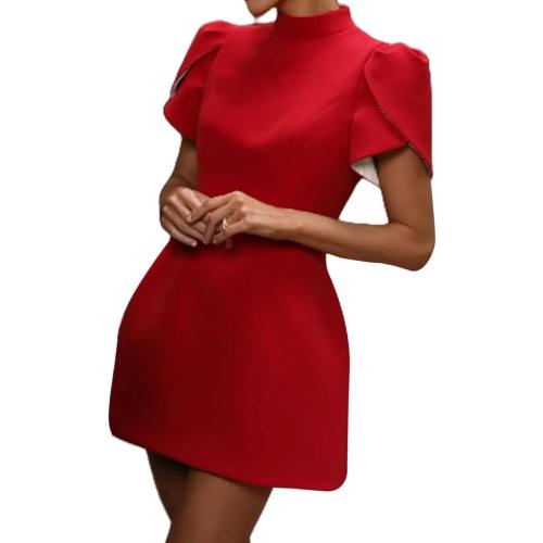 ANKOMINA Women's Medium Elegant Bow Backless Hollow Out Mini Dress Sexy Turtleneck Pad Shoulder Dresses for Party Evening