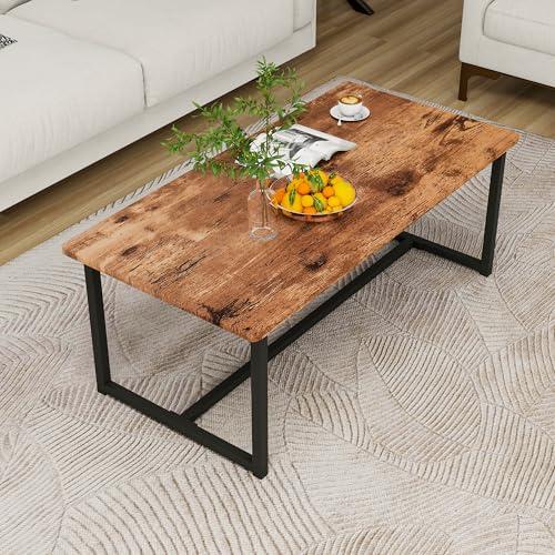 Coffee Table Rectangular Center Table for Living Room Open Space Side Table with Metal Frame, Easy Assembly, Black  Rustic Brown Wood Coffee Table