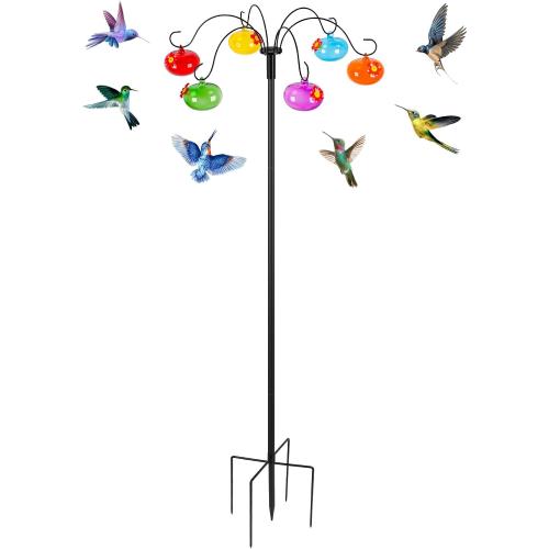 Liitrton Glass Hummingbird Feeders with Shepherds Hook for Outdoors Hanging 6 Hand-Blow Glass Hummingbird Feeder Balls, Adjustable Hight Bird Feeder Pole for Outside Garden Decor‼️product has mild scratches ‼️