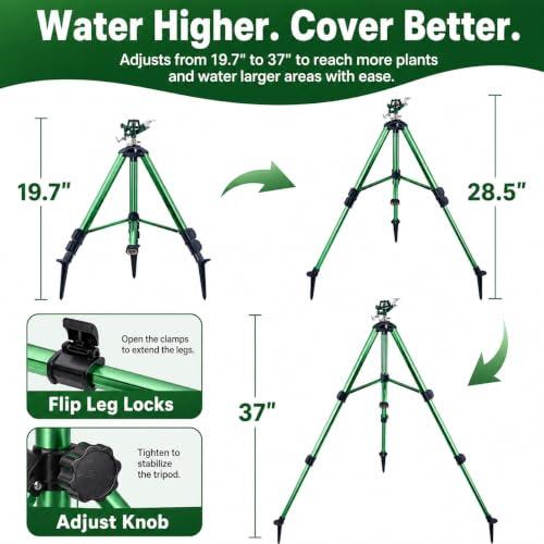 Sprinklers for Yard, 2026 Heavy-Duty Lawn Sprinkler Impact Sprinkler on Spike Tripod Base with 360° Large Area Irrigation with Extension Legs to Adjust Height Irrigation System for Garden Lawn-Green