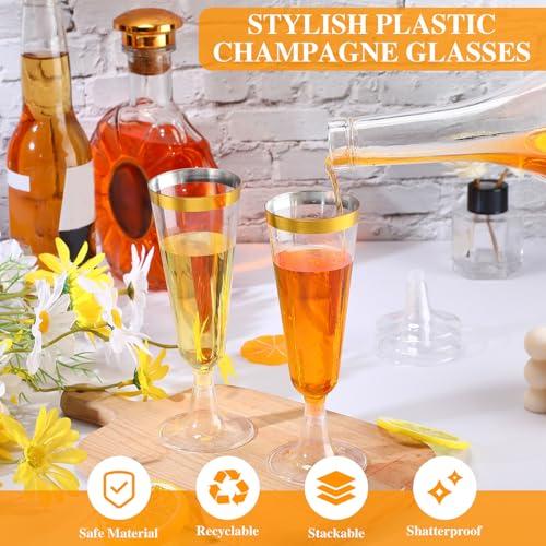Thenshop 50 Pcs Plastic Champagne Flutes Disposable Champagne Glasses Bulk 5.5 oz Clear Mimosa Cocktail Cups with Rim Detachable Glasses for Wedding Party Birthday Anniversary(Gold, Clear)