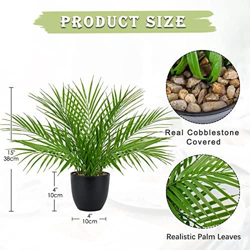 Briful Fake Plant 15’’ Artificial Palm Plant in Matte Black Pot Realistic Faux Tropical Palm Tree Houseplant for Home Indoor Living Room Tabletop Bedroom Decorations
