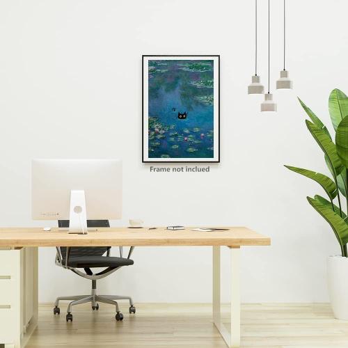 Vintage Monet Canvas Wall Art Famous Oil Paintings Monets Water Lillies Black Cat Poster Funny Cat Floral Print Abstract Farmhouse Gallery Aesthetic Room Decor for Bedroom Bathroom Unframed
