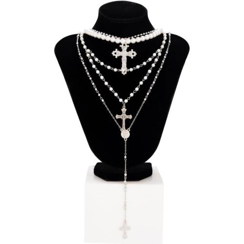 Silver Layered Cross Necklace Set For Women, 4Pcs Pearl Rosary Choker Chunky Christian Pendant Vintage Long Y Gold Necklace Stack Religious Statement Boho Gothic Adjustable Jewelry Gift