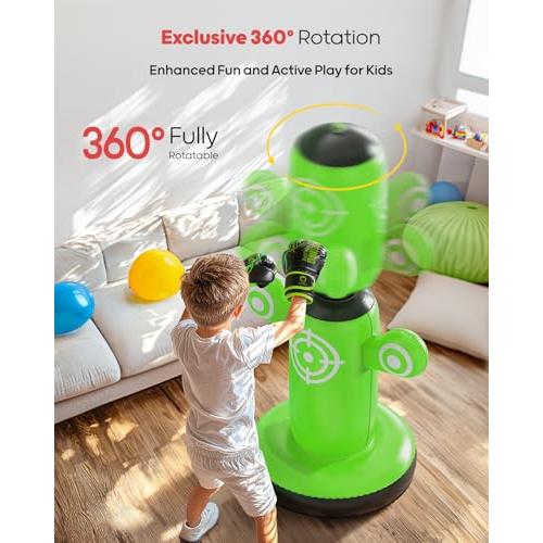 QPAU 360° Rotatable Punching Bag for Kids, Lager 64” Kids Punching Bag with Gloves, Hand Pump & 6 Targets, Bop Bag Inflatable Punching Toy, Karate Gifts for Boys, Girls