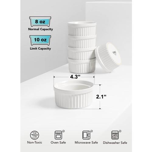 White 8oz 4 Pack LE TAUCI Ramekins 8 OZ Oven Safe, Creme Brulee Ramekins, Pudding Custard Cups Souffle Ramiken, Dipping Sauce Dishes, Ceramic Ramekin Bowls Set of 6, White