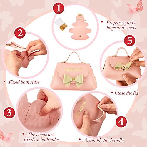 Dandat 24 Pcs PU Leather Bowknot Gift Boxes 5x3 Inch Reusable Candy Favor Bags with Handles, Elegant Mini Handbag Purse for Wedding, Birthday, Party Favors(Pink)