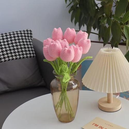Emivery Crochet Flower Bouquet, 7pcs Knitted Artificial Tulip Flowers Bouquet Pink Handmade Crocheted Finished Fake Flower Tulip for Valentine's Mother's Teacher's Day Gift