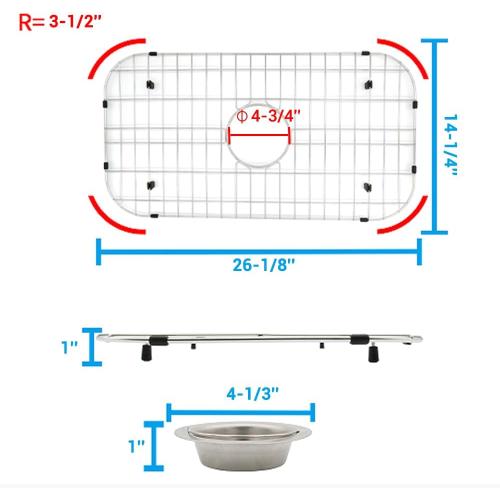 Kitchen Sink Grid 26-1/8x14-1/4 - Heavy Duty Kitchen Sink Protector with Built-in Strainer & Center Drain, Non-Slip Rubber Feet & Scratch Resistant Bottom Guard