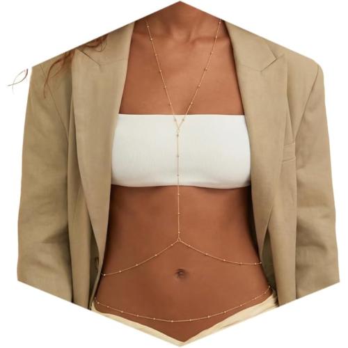 14K Gold Plated Body Chain for Women, Rhinestone Layered Belly Waist Chain, Adjustable Crossover Bikini Bra Body Jewelry with Extension Chain