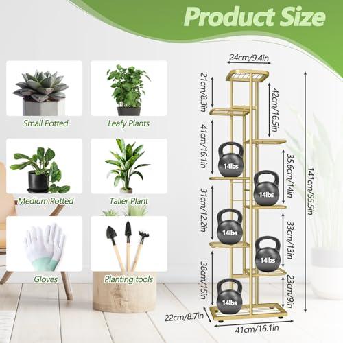 8 Tier 9 Potted Gold Plant Stand Indoor with Gardening Tools and Gloves, Tall Metal Corner Plant Shelf Organizer Outdoor, Multiple Flower Pot Holder Display Rack for Patio, Garden, Balcony