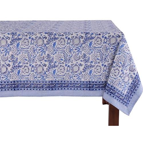 ATOSII Cotton Blockprint Rectangle Table Cloth, Indigo Bloom, Large