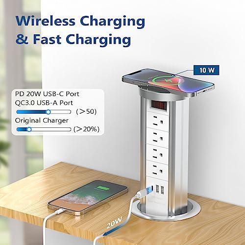 BTU Pop Up Outlet for Countertop, 4 Inch Hole Receptacle Power Strip with USB C & 4 AC Outlet, Pull Popup Outlet Recessed Power Socket with 10W Wireless Charger for Kitchen Conference Office