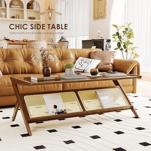 Bamworld Mid-Century Modern Coffee Table with Glass Top Rattan Center Table with Storage for Living Room Table Brown