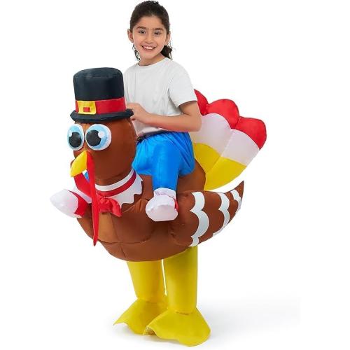 One Size Spooktacular Creations Thanksgiving Turkey Inflatable Costume for Kids, Blow up Costume Riding a Turkey Ride-on for Halloween Party, Cosplay event, Halloween Inflatable Costumes for Boys and Girls