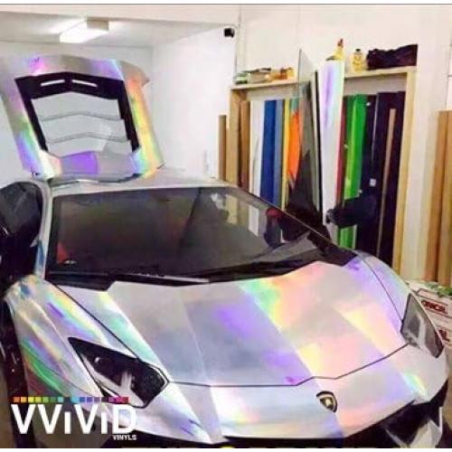 VViViD Silver Holographic Chrome Vinyl Wrap Rainbow Finish Roll DIY Air-Release Adhesive Film (1ft x 5ft)