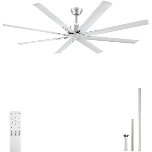 Minislak 72 Inch Ceiling Fan No Light with Remote,8 Aluminum Blades,Industrial DC Motor Quiet Operation,6 Speeds,Large Indoor Outdoor Ceiling Fan for Garage,Patio,Living Room(Brushed Nickel)