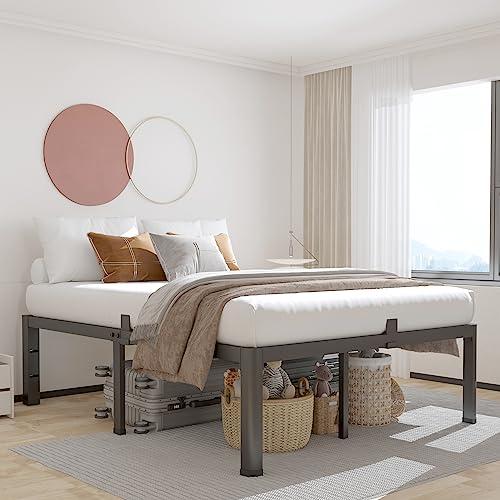 14 inch Full Size Bed Frame with Headboard Hole and Round Corner Legs Mattress Retainers 3500LBS Heavy Duty Steel Slats No Box Spring Needed Platform Noise-Free Underneath Storage