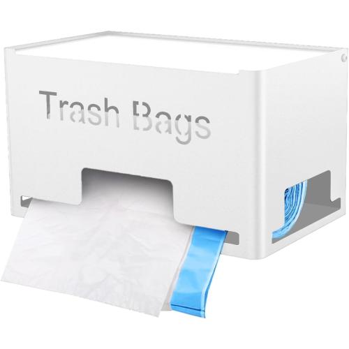 Size Large Trash Bag Holder Dispenser, Metal Garbage Bag Dispenser Roll Holder, Kitchen Trash Storage Organizer for Under Sink, Wall Mounted or Countertop, White