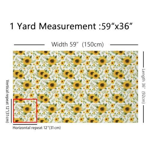 Watercolor Sunflower Fabric by The Yard,Yellow Flowers Rustic Plant Fabric by The Yard for Teens Craft Lover,Green Leaves Nature Lover Soft Polyester No Stretch Fabric Sewing,1 Yard