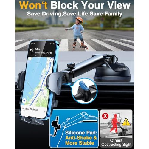 YRU True Military-Grade [360° Rotation Suction] 2026 Ultimate Car Phone Holder Mount【90 LBS Safest Strongest & Patent Certs】 Dash Windshield for iPhone 17 16 Pro Max Speakerphones, Gloss Black