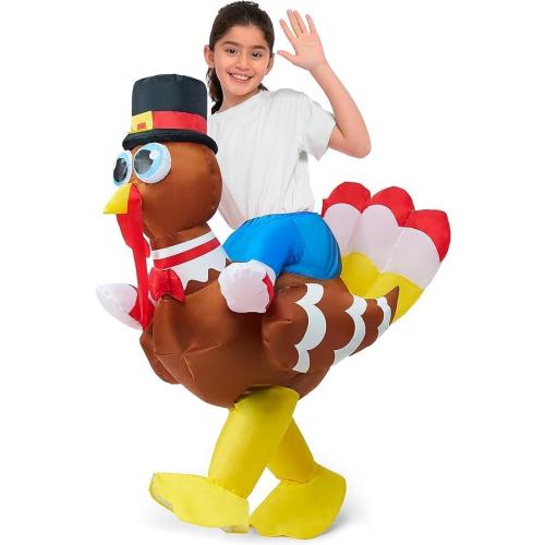 One Size Spooktacular Creations Thanksgiving Turkey Inflatable Costume for Kids, Blow up Costume Riding a Turkey Ride-on for Halloween Party, Cosplay event, Halloween Inflatable Costumes for Boys and Girls