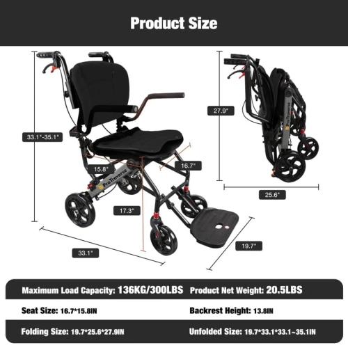 Wheelchairs for Adults,Transport Wheelchair Lightweight Foldable with Removable Cushion,Transport Chair,Ergonomic Travel Wheelchair with Telescopic Handle,Gifts for Grandpa,Black