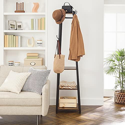 VASAGLE Coat Rack, Coat Stand with 3 Shelves, Hall Tree Free Standing with Hooks for Scarves, Bags, Umbrellas, Steel Frame, Industrial Style, for Entryway, Living Room, Rustic Brown and Black ULCR80X