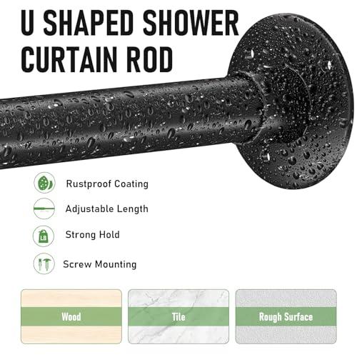 U Shaped Shower Curtain Rod, [Both Sides: 23-52, Middle: 31-46.5] Adjustable U Shape Shower Rod Black Outdoor Corner Curtain Pole for Bathroom Bathtub with Ceiling Support & 12 Hooks