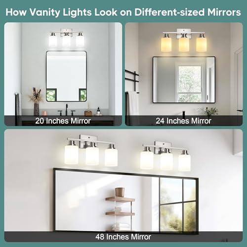 Ascher Bathroom Light Fixtures, 3-Light Vanity Light Over Mirror, Brushed Nickel Wall Sconces with Milky White Frosted Glass Shades, Wall Lamp for Living Room Bedroom, E26 Base(Bulbs Not Included)