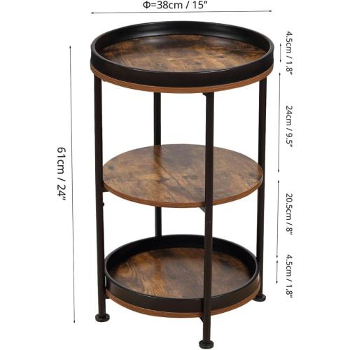 Dulcii Side Table, Round End Table with 3 Storage Shelves for Living Room, Bedroom, Nightstand with Steel Frame for Small Spaces, Industrial Round Sofa Table, Outdoor Accent Coffee Table, Rustic Brown