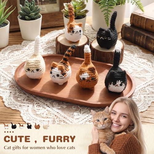 6 Pcs Crochet Cat Figurines Handmade Knitted Cute