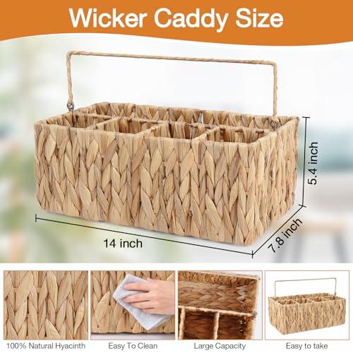 Wicker Silverware Organizer Basket,Hand Woven Kitchen Utensil Holder with Handles,Flatware Storage Caddy for Countertop Dining Picnic Party Table,Natural Cutlery Caddy for Plates,Napkins&Utensils